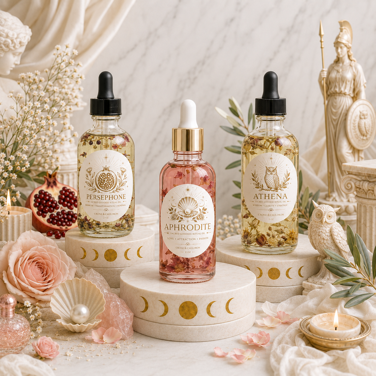 Three decorative dropper bottles of herbal liquid products labeled Aphrodite, Persephone and Athena.
