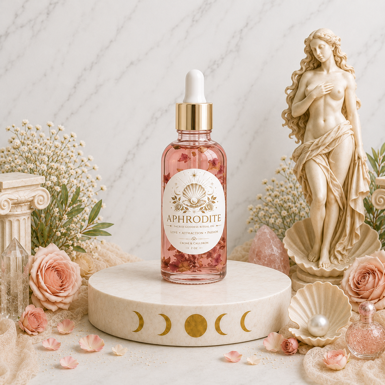 A pink cosmetic dropper bottle labeled 'APHRODITE' stands on a round pedestal with moon phases, surrounded by roses, crystals, dried flowers, and a classical statue in a soft spa-like setting.