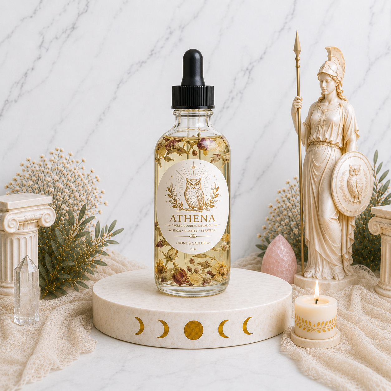 A glass dropper bottle labeled ATHENA with dried botanicals inside, displayed on a cream pedestal with a white marble background, decorative columns, crystals, and a classical statue.