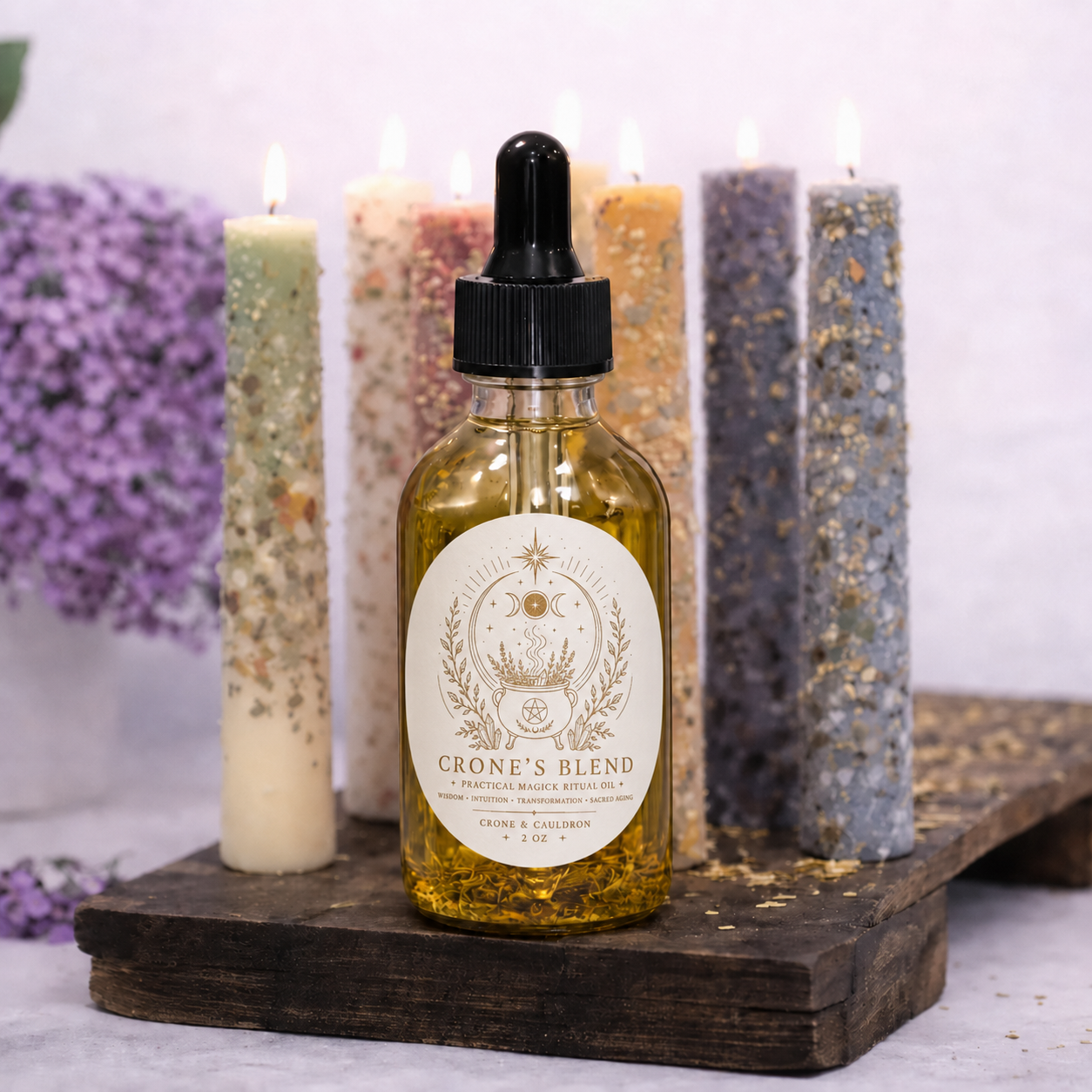 A bottle of 'Crone's Blend' sacred geometry and witchcraft oil with a black dropper cap, set on a rustic wooden board. The bottle is surrounded by five colorful, glittery candles with lit wicks, and purple flowers in the background.