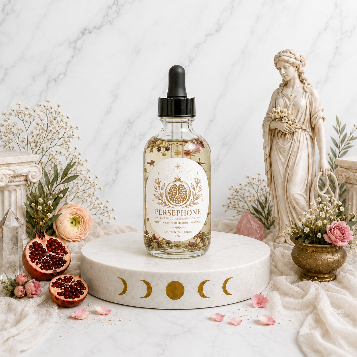 A clear glass dropper bottle labeled PERSEPHONE sits centered on a white marble pedestal, surrounded by dried flowers, pink roses, pomegranate halves, and a cream statue against a white marble wall.