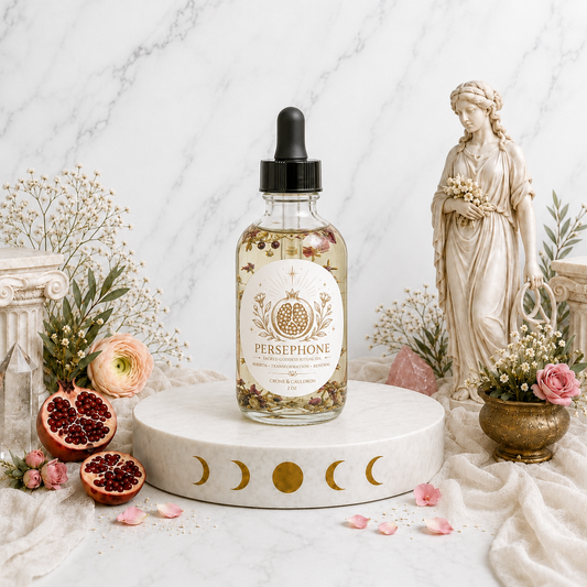 A clear glass dropper bottle labeled PERSEPHONE sits centered on a white marble pedestal, surrounded by dried flowers, pink roses, pomegranate halves, and a cream statue against a white marble wall.