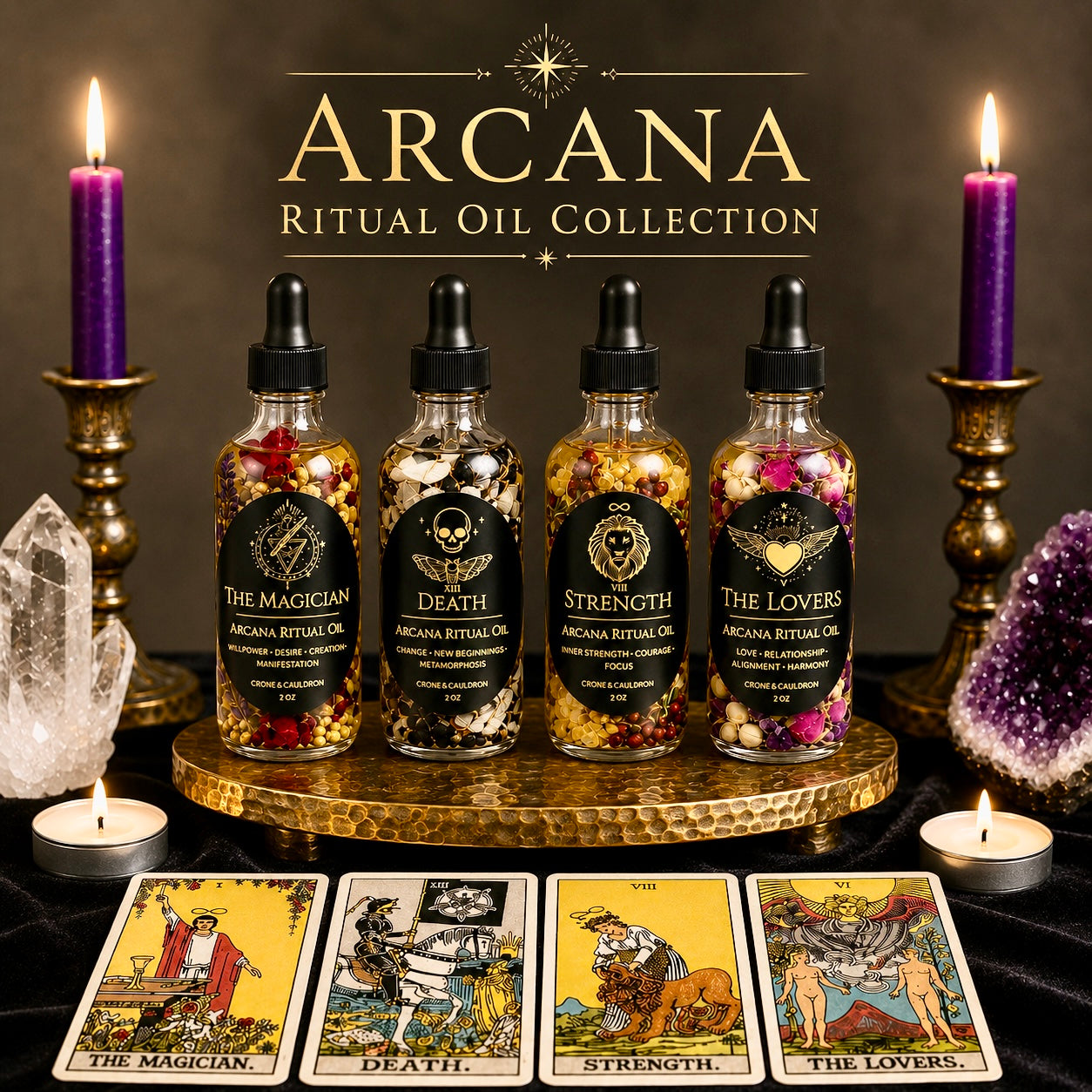 Four Arcana Ritual Oil bottles displayed on a gold tray with lit purple candles, crystals, and tarot cards below. The collection includes The Magician, Death, Strength, and The Lovers.