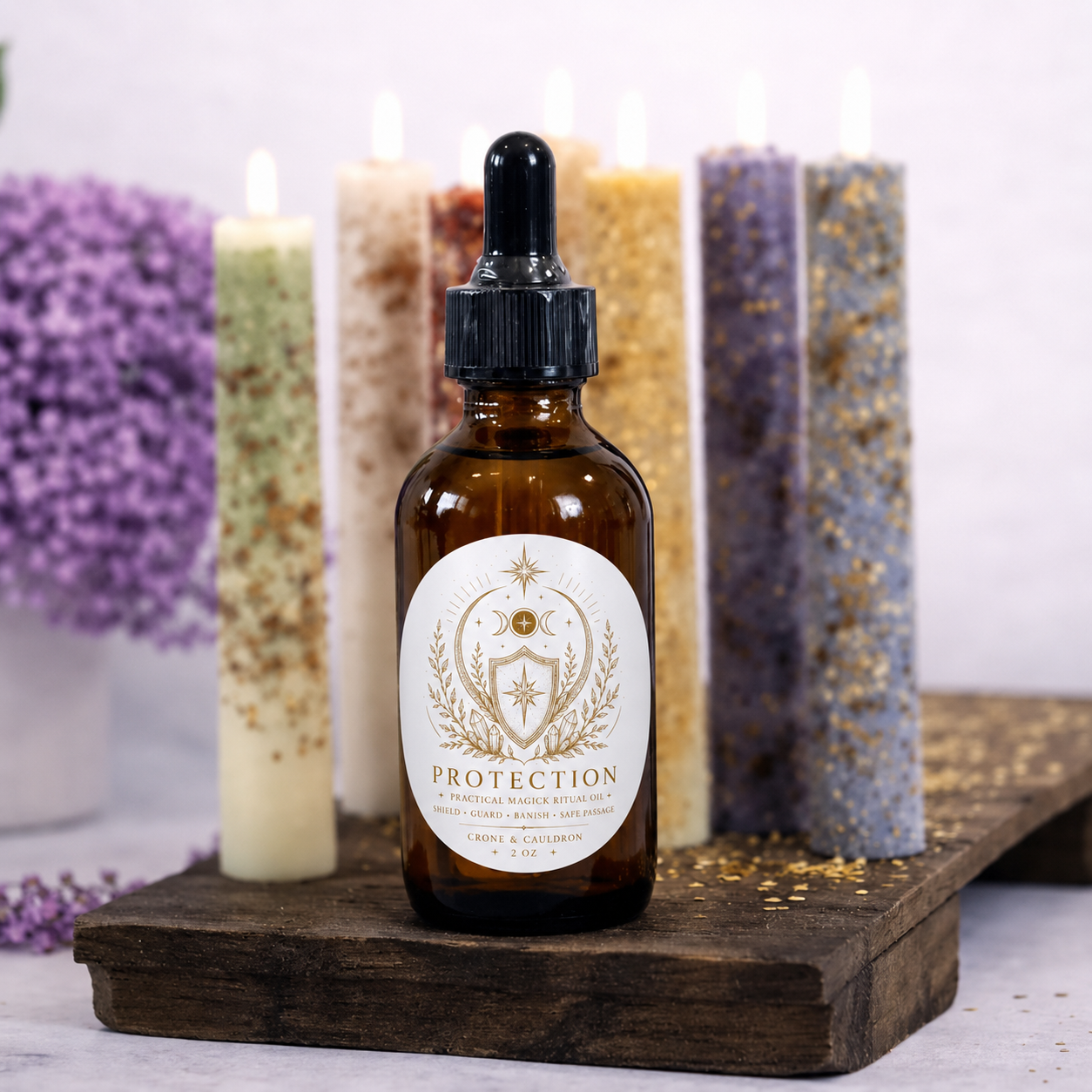 An amber glass dropper bottle labeled 'PROTECTION' stands on a rustic wooden tray, with decorative candles and lavender flowers in the background.