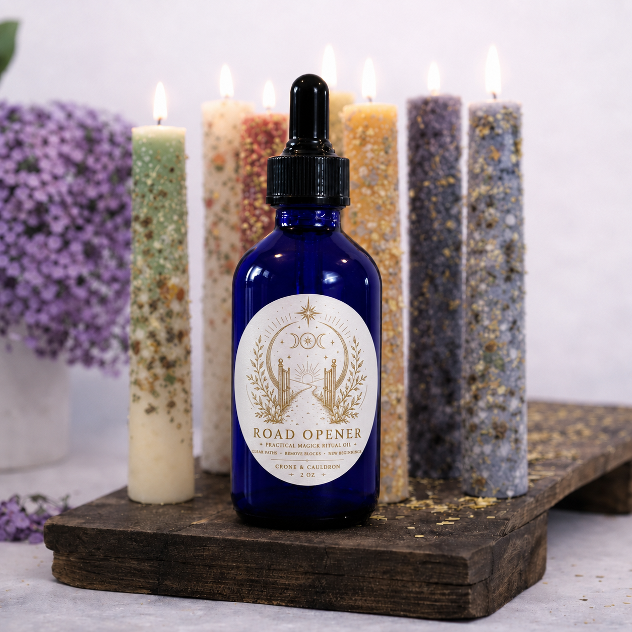 A cobalt blue glass dropper bottle labeled 'Road Opener' stands on a rustic wooden board in front of six lit taper candles in assorted colors and textures.